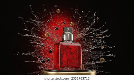 Perfume bottle in a spray of water, lotion is on the podium in the water. 3d render