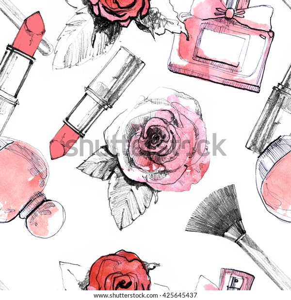 口紅とメークブラシのシームレスな柄の香り バラの花の背景に香りのボトル 水彩画の香りと化粧品のファッションイラスト ビューティーカード用のビンテージデザイン のイラスト素材