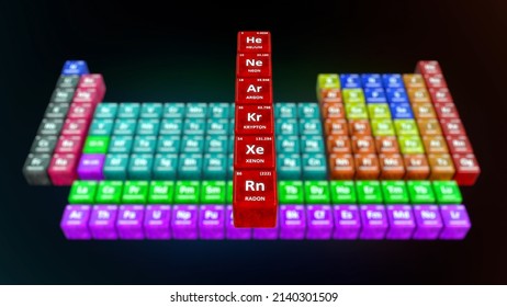 Periodic table Noble gases elements function 3d illustration