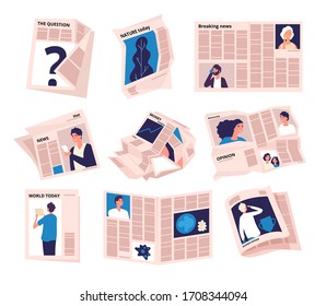 Periods Newspapers. Modern Tabloid News Publication, Newspaper Bundle Rumpled Paper Sheets. Business Press Journal Isolated Set