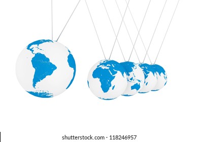 Perpetual Motion Concept. Spheres Of Newton With Earth Globe On A White Background