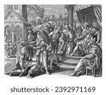 Persecution of Christians, Hieronymus Wierix, after Maerten de Vos, 1583 Soldiers lead two handcuffed men before the king, bystanders cry for persecution.