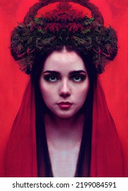 Persephone, Queen Of The Underworld, Portrait Of Elegant, Majestic Woman With Red Robes And Ornate Red Hat, Red Background