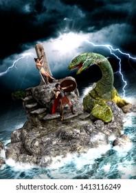 Perseus Saving Andromeda, Who Was Offered As A Sacrifice To Appease The Gods, From A Sea Monster, Greek Mythology Tale, 3d Render Illustration