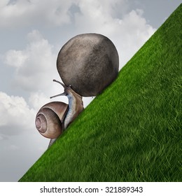 Perseverance symbol and sisyphus symbol as a determined snail pushing a boulder up a grass mountain as a metaphor persistence and determination to succeed.