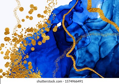 Persian Blue. Beautiful Ink, Swirl, Artistic Design. Masterpiece Of Designing Art, Exotic Paper Texture. Art&Gold. 