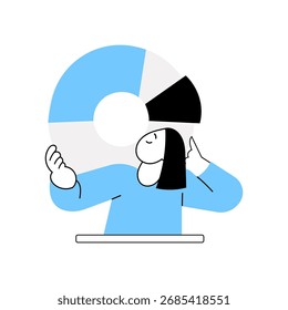 Person analyzing data with a pie chart in a simple, colorful design. This scene depicts a casual office or study environment