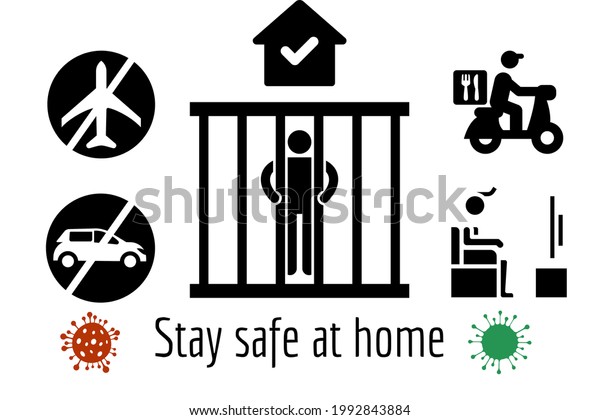 Person behind bars in prison icon. No car sign, no\
airplane sign, stay at home, food delivery and watching television\
icon. The word written stay safe at home with covid 19 icon.\
Isolated white\
backgr