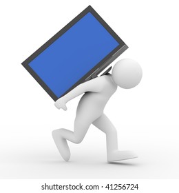 Person Carry  TV On Back. Isolated 3D Image