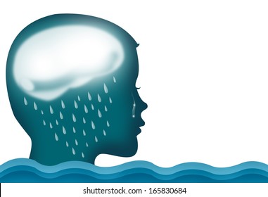 Person crying over rain and flood. isolated over white background,