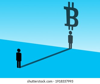 Person Dreams Of Becoming A Bitcoin Trader. He Sees Big Bitcoin Logo In Reflection. Concept - Man Strive To Become A Crypto Trader. Trading Currency Exchange. Trader Silhouette Blue Background