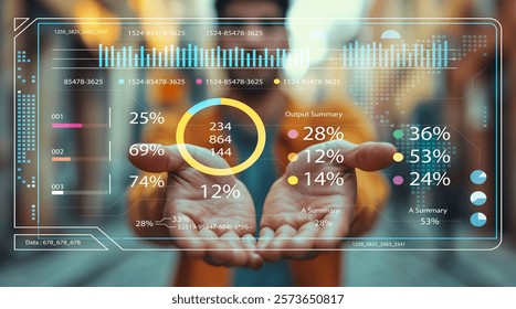 A person engages with a digital data visualization interface, showcasing various business insights and statistics in a modern urban setting, highlighting technology's impact.