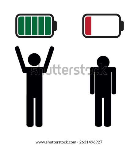 person with fully charged and empty battery pictogram