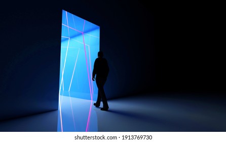 Person Go To The Illuminated Color Neon Tunnel With Blue Lights. 3d Rendering