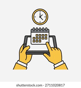 Person hands using digital tablet, displaying a calendar app to manage schedule. Time management icon with a clock is shown above. Business planning and productivity concept is illustrated.