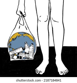 Person Holding Plastic Bag With Earth Inside. Illustration For International Plastic Bag Free Day. Ecology Concept.