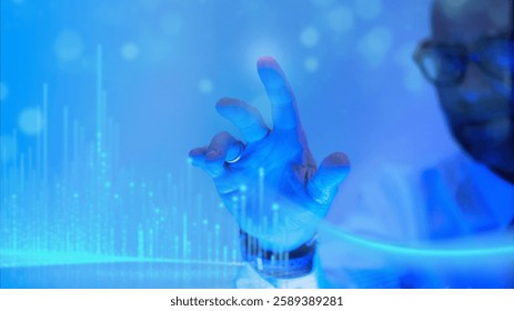 Person interacts with digital interface, touching holographic screen. Futuristic technology, digital interface, holographic screen in blue tones.
