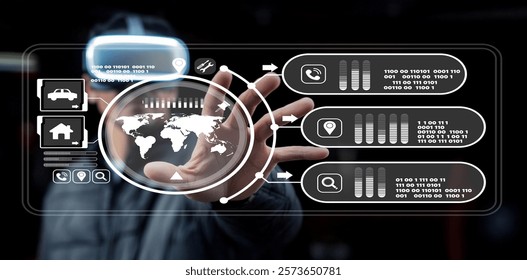 A person interacts with a virtual reality interface displaying data metrics, global information, and digital visuals in a futuristic setting that embodies innovation.