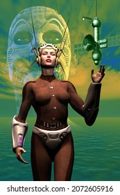 person with a mask and snorkel, sci fi woman on alien planet, in the background a cyborg, 3d illustration