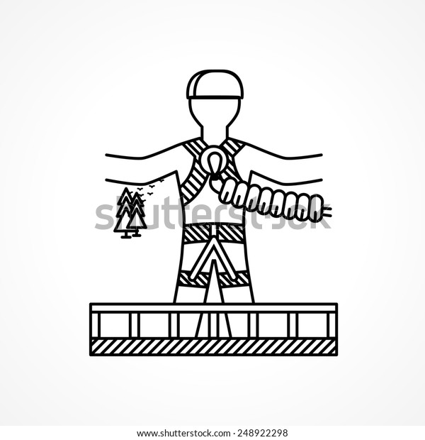 Person ready to jump from the bridge with\
rope in safety system a back view. Black flat line icon design\
element on white background for your\
website.