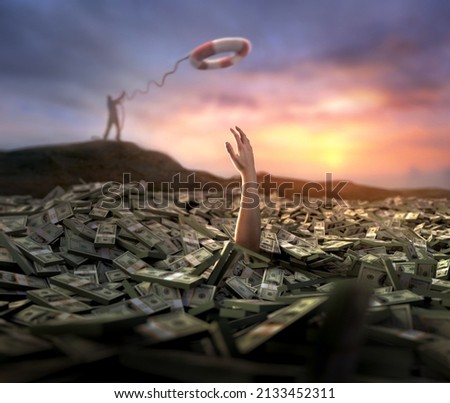 A person is struggling in a large amount of dollar bills, while someone on land is trying to rescue them. Digital 3D illustration. Foto stock © 