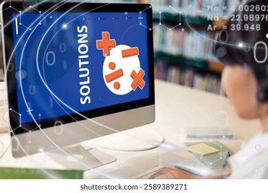 Person using a computer with a screen displaying math symbols and the word 'solutions'. The focus is on technology and education in a library setting. Education image.
