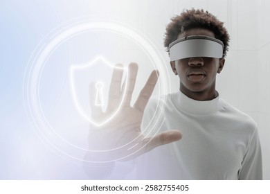 Person using virtual reality headset, interacting with digital security interface. Futuristic technology, VR headset, digital security concept. futuristic digital background with copy space. - Powered by Shutterstock - Get 15% off with code: PIKWIZARD15