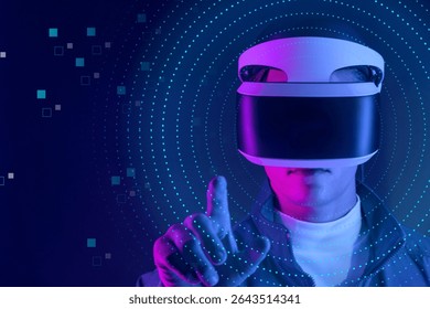 Person using VR headset, exploring virtual reality. VR headset highlights futuristic tech. Virtual reality immersive experiences. High-tech technology photo showing data for futuristic technology.