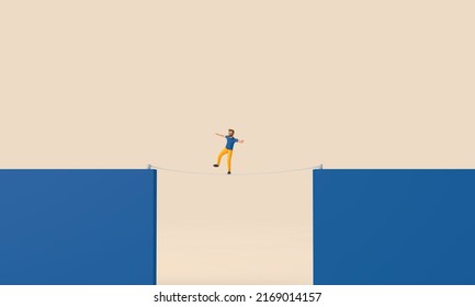 Person walking on a tight rope across a gap. Business challenge concept. 3D Rendering