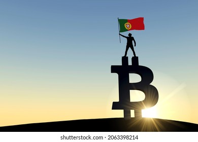 Person Waving A Portugal Flag Standing On Top Of A Bitcoin Cryptocurrency Symbol. 3D Rendering