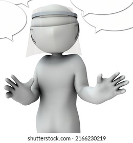 A person wearing a face guard and a mask. Commentary and introduction. Spread both hands. 3D rendering. White background.
