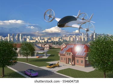 Personal Air Vehicle Flying Above A Solar Powered City, Flying Car Of The Future 3d Concept, Futuristic Vehicle Above A Settlement, Air Car Concept - 3D Rendering