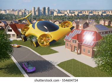 Personal Air Vehicle Flying Above A Solar Powered City, Flying Car Of The Future 3d Concept, Futuristic Vehicle Above A Settlement, Air Car Concept - 3D Rendering