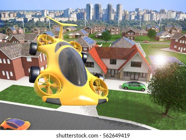 Personal Air Vehicle Flying Above A Solar Powered City, Flying Car Of The Future 3d Concept, Futuristic Vehicle Above A Settlement, Air Car Concept - 3D Rendering