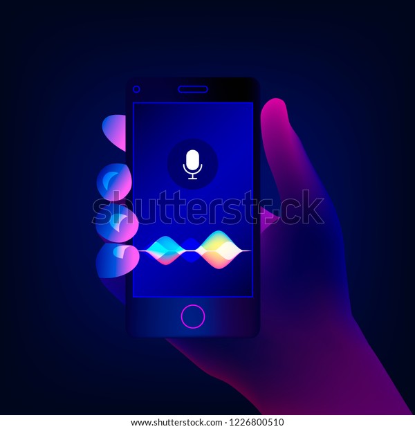 Personal assistant and voice recognition concept.\
Soundwave intelligent technologies. Hand holds a smartphone on the\
screen of microphone button with bright voice and sound imitation\
waves. Vector