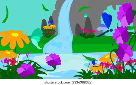 A personal computer or PC background design inspired by the beauty of nature, the diversity of flowers and the serenity of a waterfall - Powered by Shutterstock