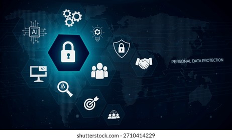 Personal data protection concept with security icons and a world map background, emphasizing global data privacy.