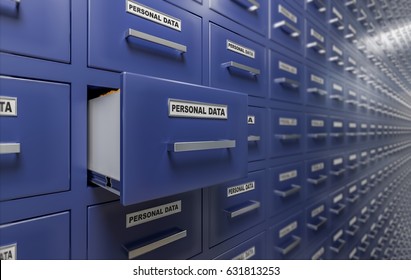 Personal Data Protection And Privacy Concept. A Lot Of Cabinets With Documents And Files. 3D Rendered Illustration.