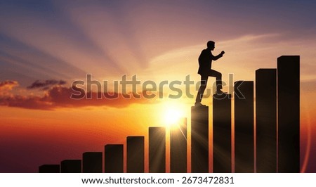 Personal development theme, man silhouette stepping up on growing graph, concept of motivation, ambition, reaching for goal, achieving target and financial progress