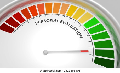 Personal evaluation level on measure scale. Instrument scale with arrow. Colorful infographic element. Business innovation concept. 3D render. 3D Illustration