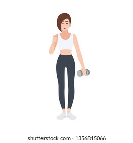 Personal fitness or sports trainer or gym worker holding dumbbell and demonstrating thumbs up gesture. Female cartoon character isolated on white background. Colored illustration in flat style. - Powered by Shutterstock