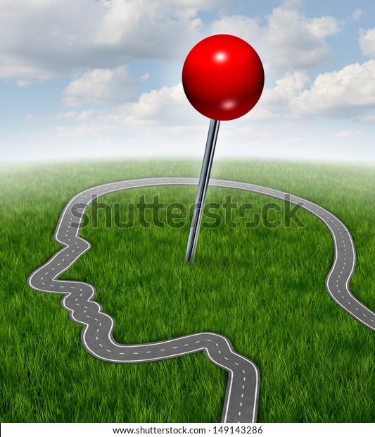 Personal goals and finding yourself as a life\
and business concept on a road or highway shaped as a human head\
and a red position pin located in the brain area as an icon of\
career direction\
success.