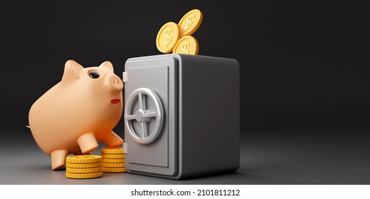 Personal Savings. Money Coins Next To Piggy Banks. Pig And Safe As Metaphor For Financial Wealth. Money Savings Concept. Capitalization On Deposit In Bank. Getting Profit From Deposit. 3d Image.