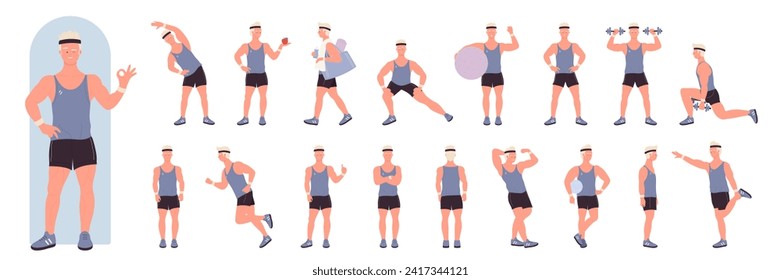 Personal sport trainer poses in front, side and back view, workout set illustration. Cartoon man fitness instructor training, showing physical exercises with dumbbells, ball isolated on white - Powered by Shutterstock