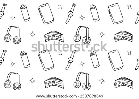 Personal stuffs seamless pattern, hand drawn style illustration in black and white monochrome, perfect for decorative background or printed as a gift wrap