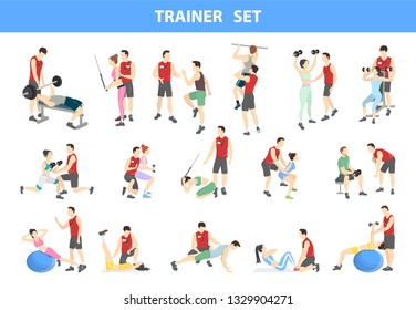 Personal trainer set. Gym coach in red uniform helps people doing exercises. Healthy lifestyle and physical activity. Isolated  illustration - Powered by Shutterstock