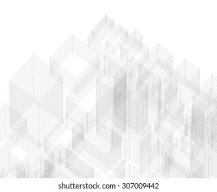 Perspective 3D Render Of Building Wireframe.  Abstract Blueprint Background.