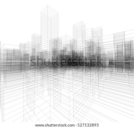 perspective 3 d render building wireframe stock illustration