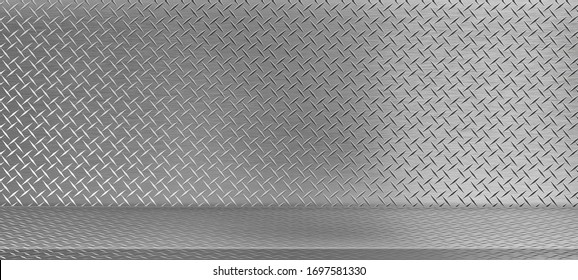 Perspective Aluminum Diamond Plate Texture, Iron Sheet Shelf Table Used As A Studio Background Wall To Display Your Products.  Illustration