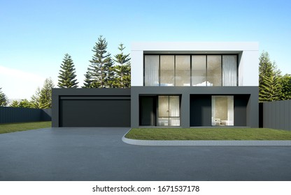 Perspective Of  Black And White Modern Luxury House With Green Lawn Yard On Tree Background, Idea Of Minimal Architecture With Garage Door. 3D Rendering 